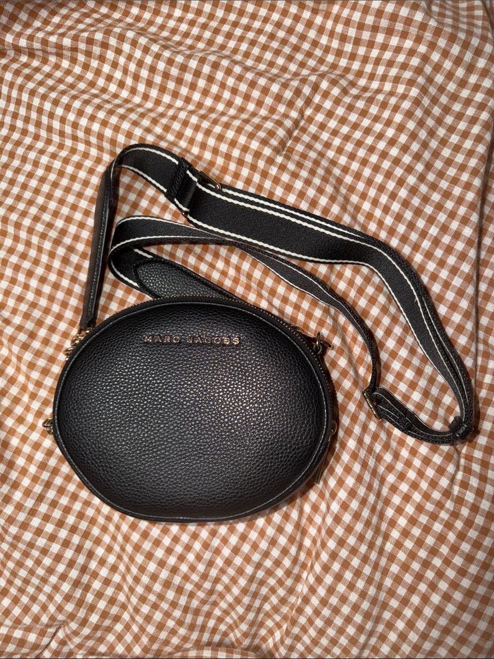 Marc Jacobs Black Pebbled Leather Oval Belt Bag with Striped Strap